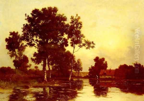 Paysage De Riviere Au Crepuscule (River at Twilight) Oil Painting by Leon Richet