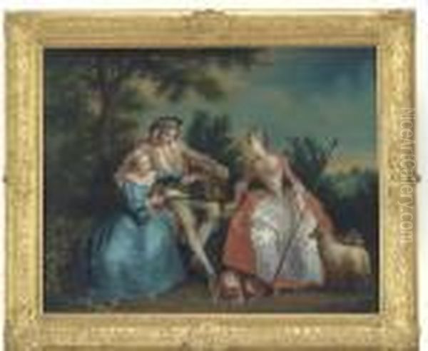 A Couple Holding A Bird Cage With A Shepherdess In A Landscape Oil Painting by Jean-Baptiste Joseph Pater