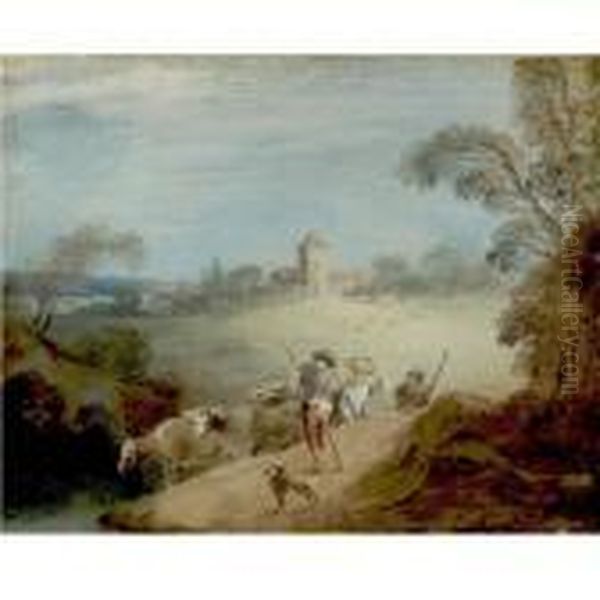 A Pastoral Landscape With A Shepherd And Sheperdess Oil Painting by Jean-Baptiste Joseph Pater