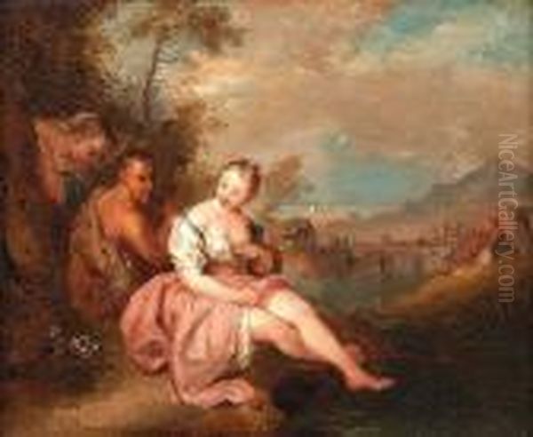 Two Nymphs With A Satyr In A River Landscape, A View To A Village Beyond Oil Painting by Jean-Baptiste Joseph Pater