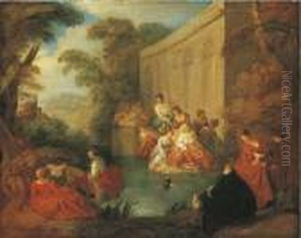 Ladies Bathing At A Pool Before A Rococo Pavilion, In A Wooded Clearing Oil Painting by Jean-Baptiste Joseph Pater