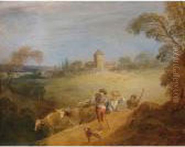 A Pastoral Landscape With A Shepherd And Shepherdess Oil Painting by Jean-Baptiste Joseph Pater