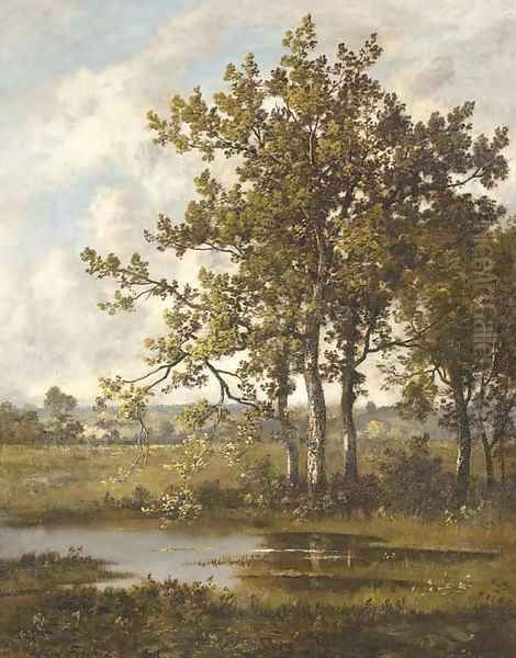 A Pool in a Wooded Landscape Oil Painting by Leon Richet