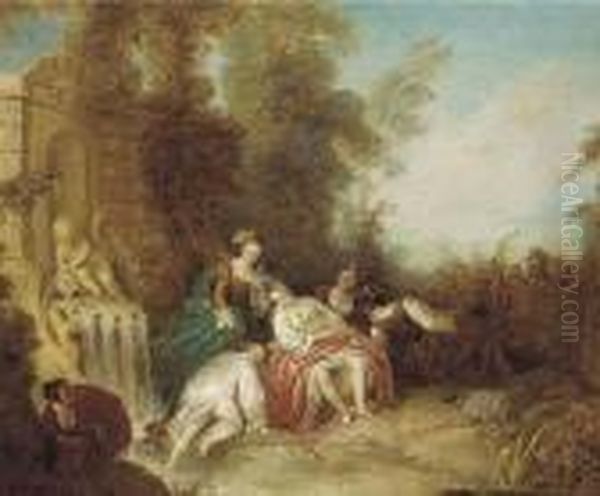 Ladies Bathing At A Fountain With Onlookers By A Fence Oil Painting by Jean-Baptiste Joseph Pater