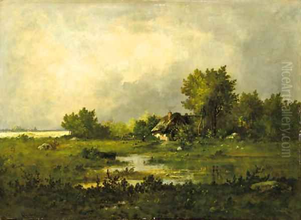 Avant l'orage a farm in a landscape Oil Painting by Leon Richet