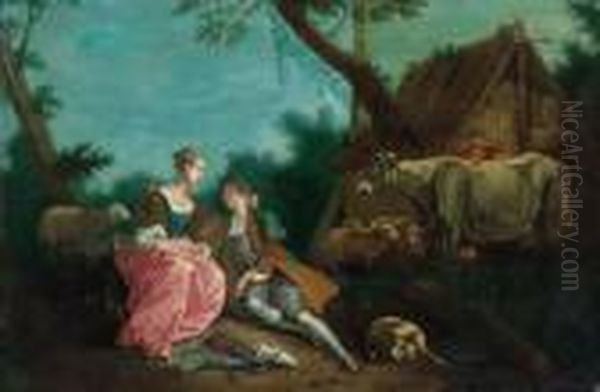 A Dessus-de-porte: A Shepherd Courting A Shepherdess By A Farmhousein A Wooded Landscape Oil Painting by Jean-Baptiste Joseph Pater