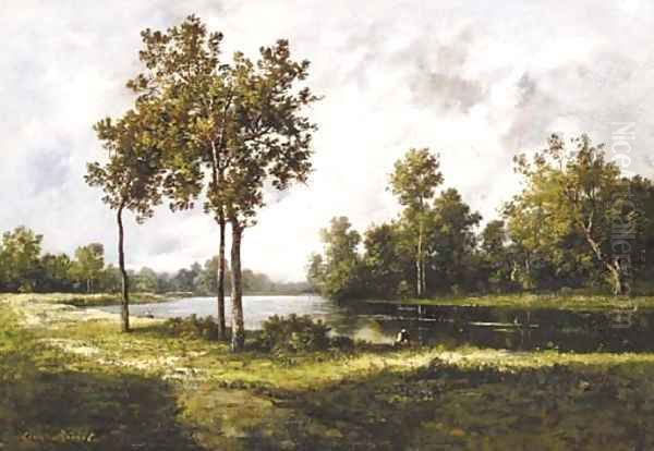 Pecheurs au bord d'un lac Oil Painting by Leon Richet