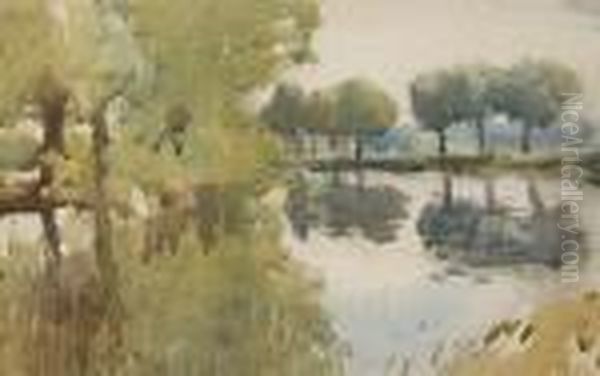 Lake And Trees With Reflections, Probablydedham Vale Oil Painting by James Paterson