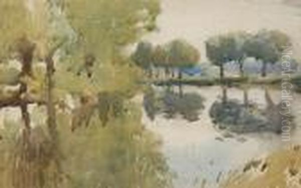 Lake And Trees With Reflections, Probably Dedham Vale Oil Painting by James Paterson