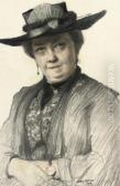 Portrait Of Lady, Bust-length, Wearing A Black Hat Oil Painting by James Paterson