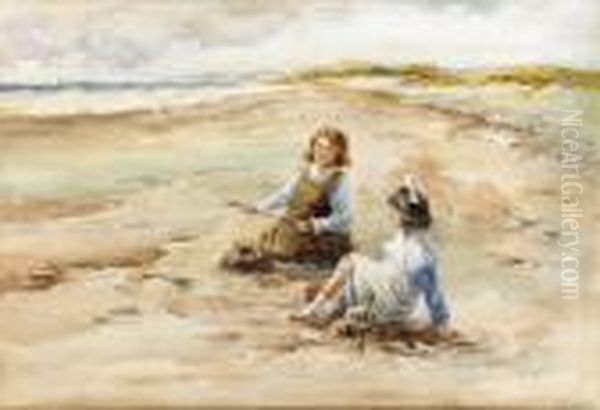 Children Playing On A Beach, Distant Coastal View Beyond Oil Painting by James Paterson