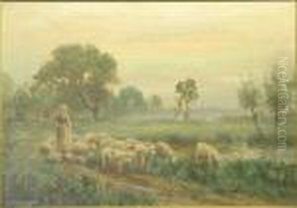 Shepherdess And Flock Oil Painting by James Paterson