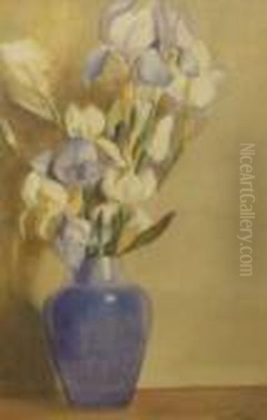 Still Life Study Of Iris In A Bluevase Oil Painting by James Paterson