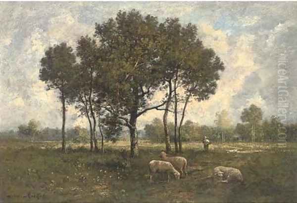 A shepherd and his flock Oil Painting by Leon Richet