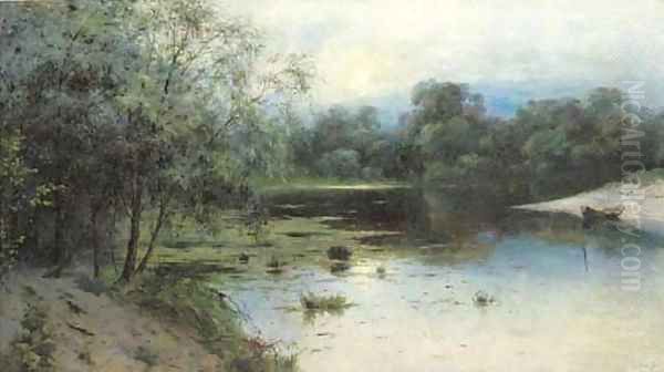 A tranquil lake landscape at dusk Oil Painting by Leon Richet