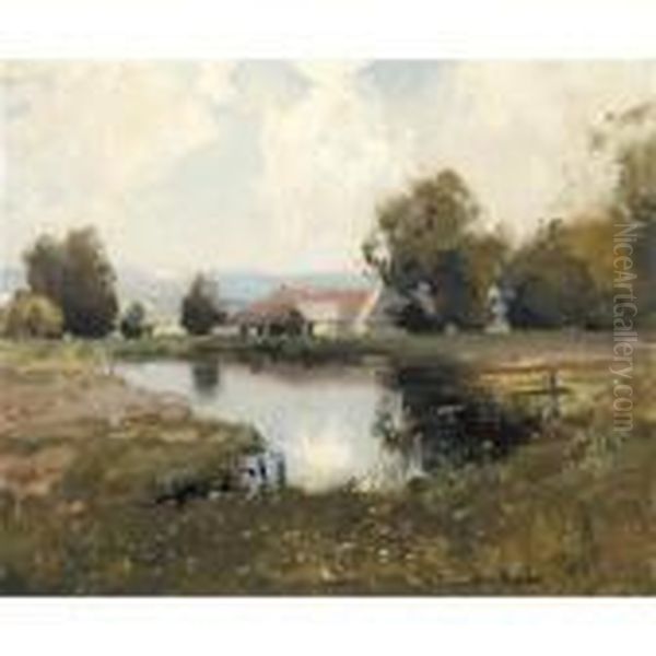 The Duck Pond At Moffat Mill Oil Painting by James Paterson