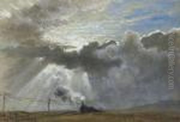 A Steam Train And Telegraph Wires Beneath A Sunburst Oil Painting by Waller Hugh Paton