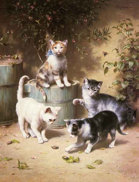 Kittens Playing with Beetles Oil Painting by Carl Reichert