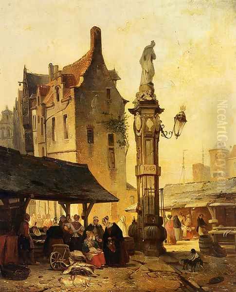 A Busy Market Oil Painting by Jan Michael Ruyten