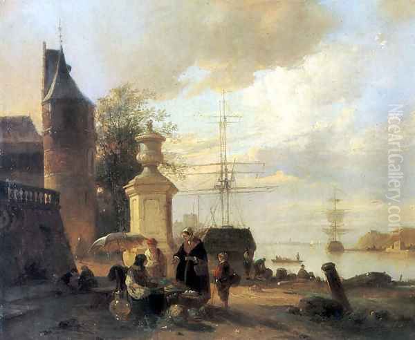 Figures at a market Stall by a Harbour Oil Painting by Jan Michael Ruyten