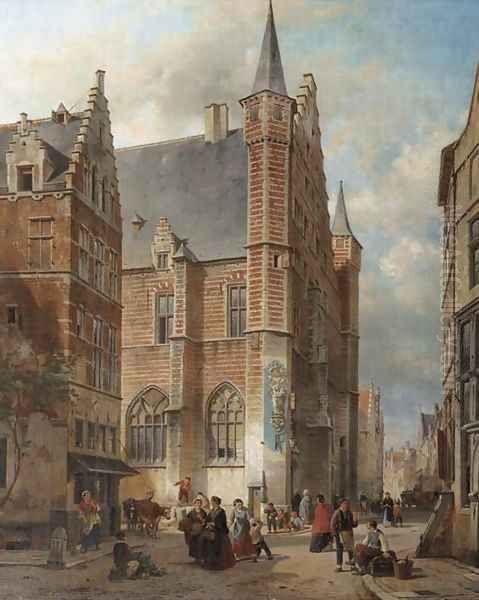 Bustling city life around the Vleeshal, Antwerp Oil Painting by Jan Michael Ruyten