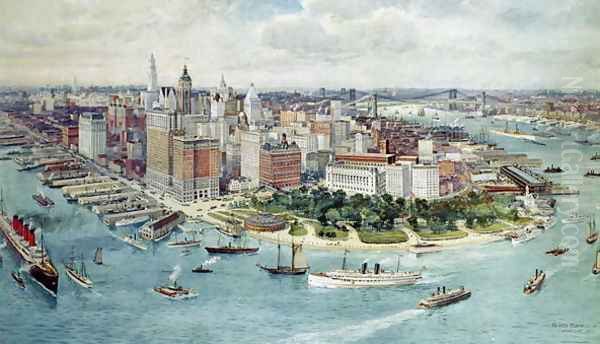 A Birds Eye View of Lower Manhattan, 1911 Oil Painting by Richard Rummell