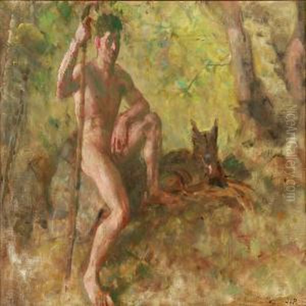 A Nude Male With A Dog In A Forest Oil Painting by Julius Paulsen