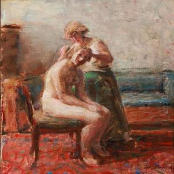 Interior With A Nude Having Her Hair Done Oil Painting by Julius Paulsen