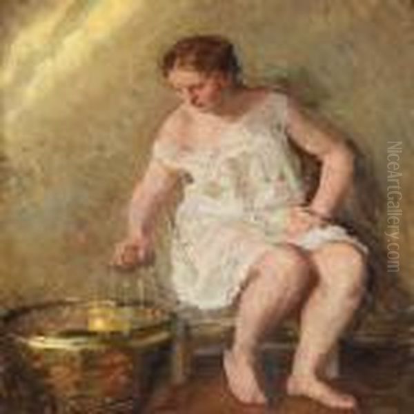 A Woman With A Wash Bucket Oil Painting by Julius Paulsen