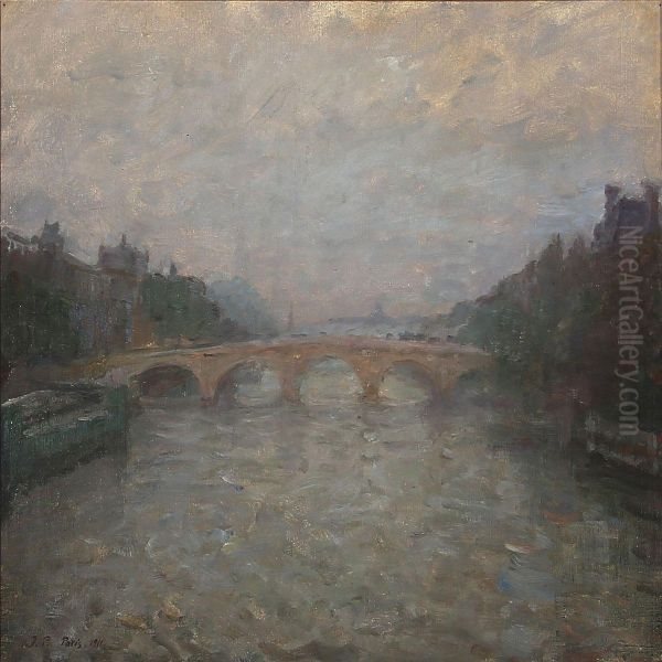 View From Pont Neuf In Paris Oil Painting by Julius Paulsen