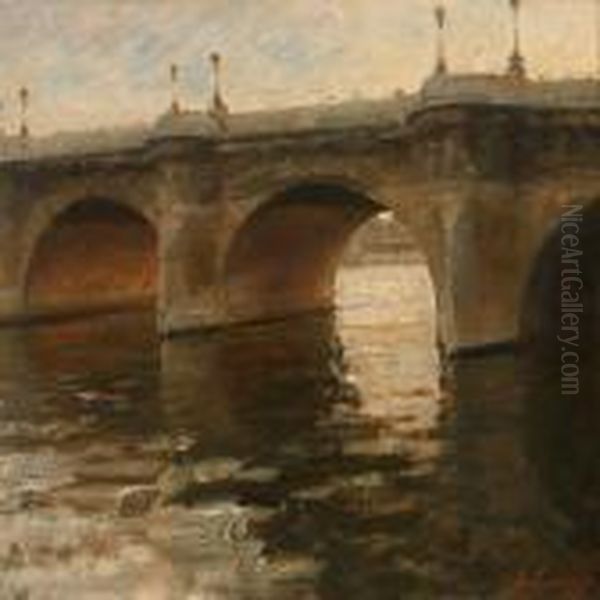 Scene From The Seine At Pont Neuf In Paris Oil Painting by Julius Paulsen