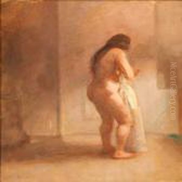 A Back Turned Nudewoman Oil Painting by Julius Paulsen