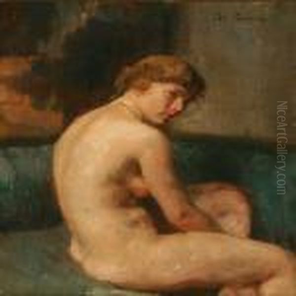 Nude Female Sitting In A Green Sofa Oil Painting by Julius Paulsen