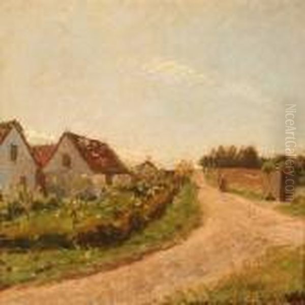 A Village Road Oil Painting by Julius Paulsen