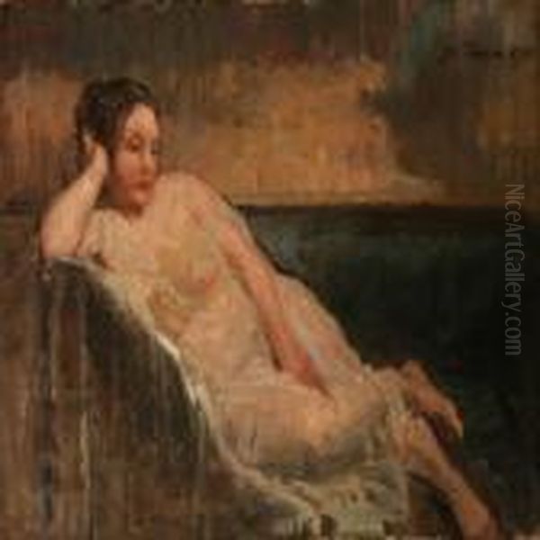 A Nude Female In A Coach Oil Painting by Julius Paulsen