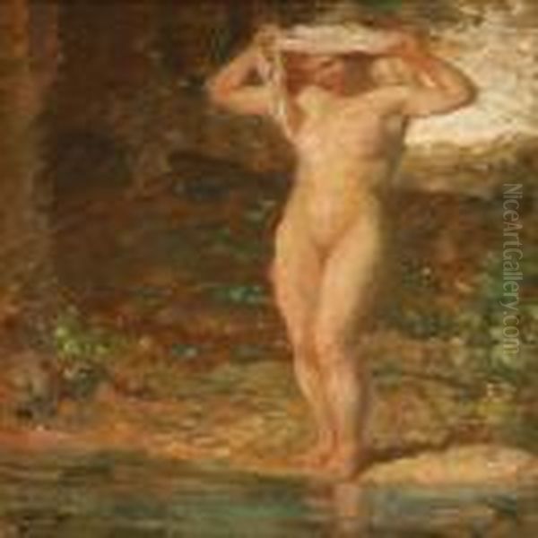 A Naked Woman Dipping Her Toes In The Water Oil Painting by Julius Paulsen