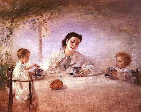 The artists wife Sophie with their daughters Mathilda and Adele, 1873 Oil Painting by Anton Romako