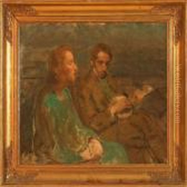 The Artist's Daugtherand A Man With A Banjo Oil Painting by Julius Paulsen