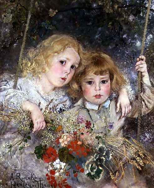 Portrait of Ernest and Beatrice Makins on a Swing Oil Painting by Anton Romako