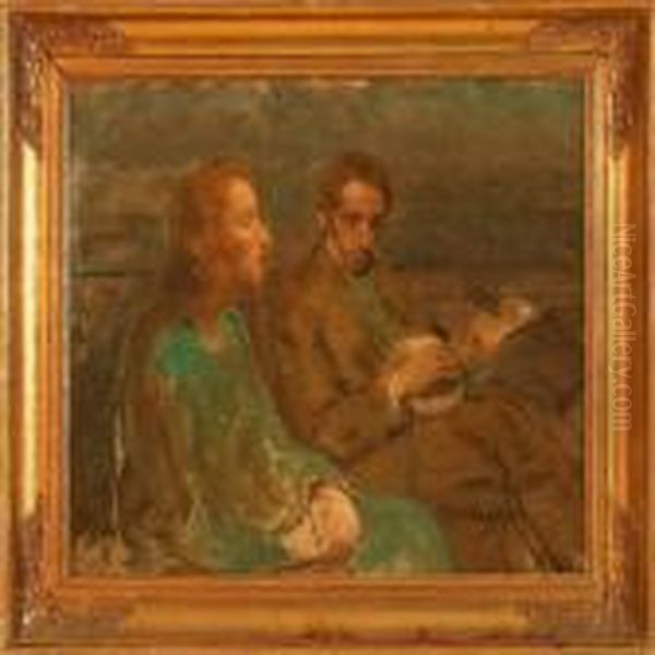 The Artist's Daugther,inger Liisberg, And Her Husband With A Banjo Oil Painting by Julius Paulsen