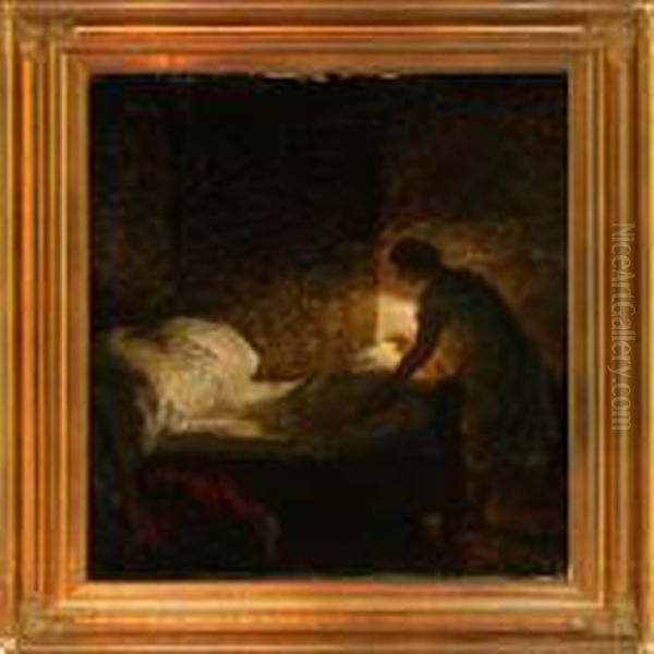 Woman Making A Bed Oil Painting by Julius Paulsen