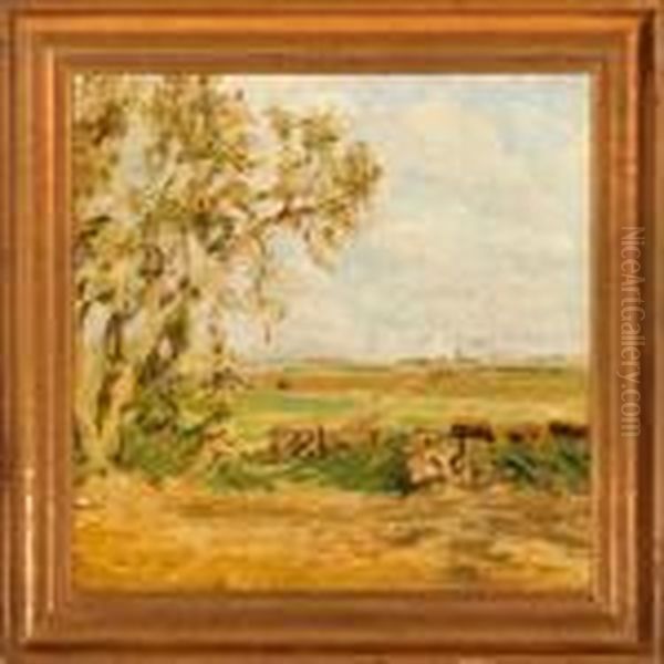 Autumn Landscape With Avillage In The Horizon Oil Painting by Julius Paulsen