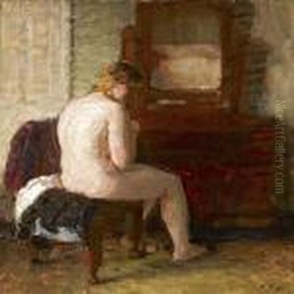 Interior With A Sittingnude Woman Oil Painting by Julius Paulsen