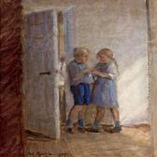 Interior With Playingchildren Oil Painting by Julius Paulsen