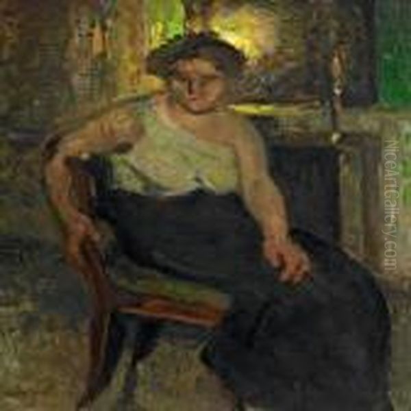 Interior With Sitting Woman Oil Painting by Julius Paulsen