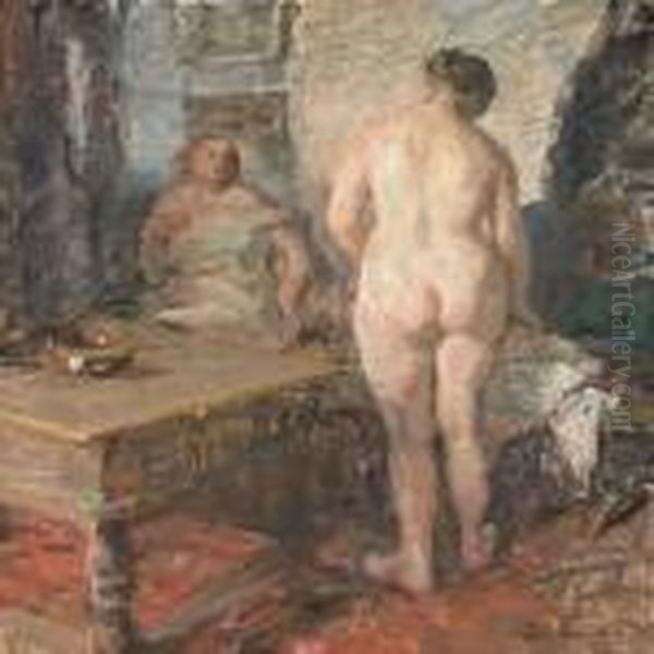 Interior With A Seatedwoman And A Standing Female Nude, Back Turned Oil Painting by Julius Paulsen