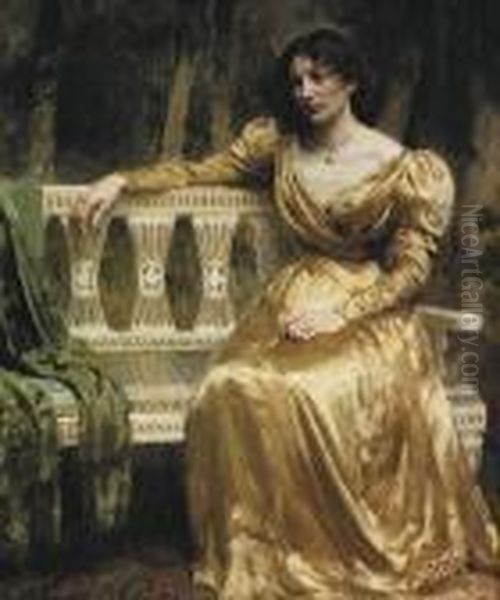 Mrs Ottilia Brorson In A Yellow Silk Dress Oil Painting by Julius Paulsen