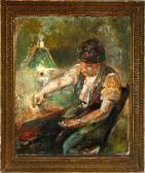 A Shoemaker Working In The Gleam Oil Painting by Julius Paulsen