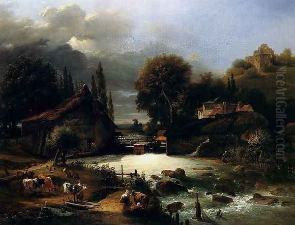 A Farm On A River Oil Painting by Guillaume Frederic Ronmy