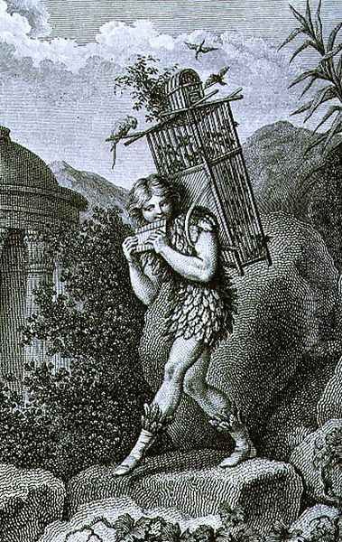 Papageno I am the birdcatcher, yes Always cheerful, fiddle-di-i, fiddle-di-da, Act I of The Magic Flute by Wolfgang Amadeus Mozart 1756-91, engraved by Friedrich Wilhelm Meyer Senior b.c.1770 Oil Painting by Johann Heinrich Ramberg